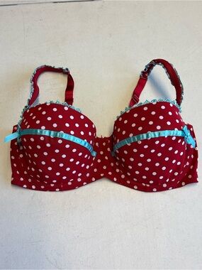 Cacique 40DD Red White Polka Dot Underwire Bra Blue Trim Bow Padded